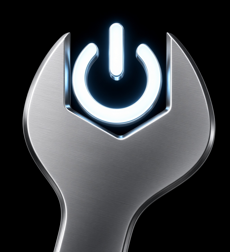 Phone & Computer Solutions logo: a wrench holding a glowing power symbol